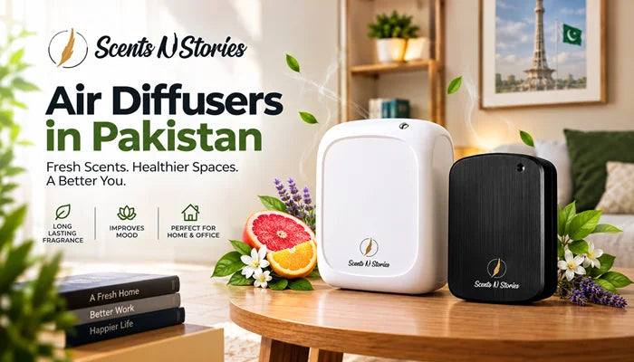 White and black automatic scent diffusers on a wooden table surrounded by sliced citrus fruits and lavender, showcasing the Best Air Diffusers in Pakistan by Scents N Stories.