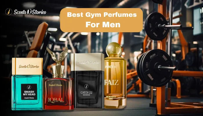 Four premium perfume bottles from Scents N Stories displayed in a fitness center setting, representing the Best Gym Perfumes for Men for those who prioritize scent longevity during exercise.