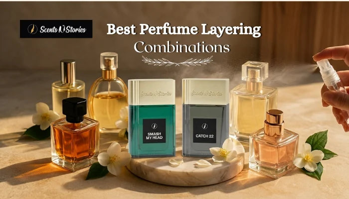 A display of fragrance bottles including Smash My Head and Catch 22 surrounded by white flowers and perfume mist, showcasing the Best Perfume Layering Combinations by Scents N Stories.