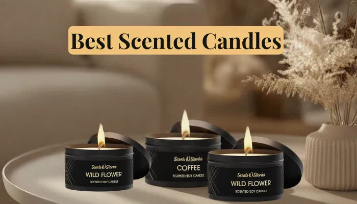 A cozy home setting featuring three lit Best Scented Candles from Scents N Stories, including Coffee and Wild Flower soy wax varieties.