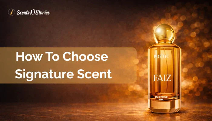 A professional banner from Scents N Stories titled "How to Choose a Signature Scent" featuring a 100ml bottle of amber-colored eau de parfum.