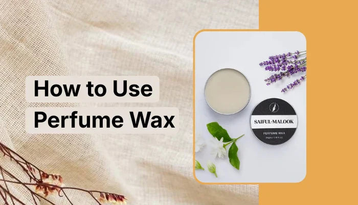 How to Use Perfume Wax by Scents N Stories, featuring a natural perfume wax tin with botanical ingredients, lavender accents, and a minimal lifestyle flat lay design.