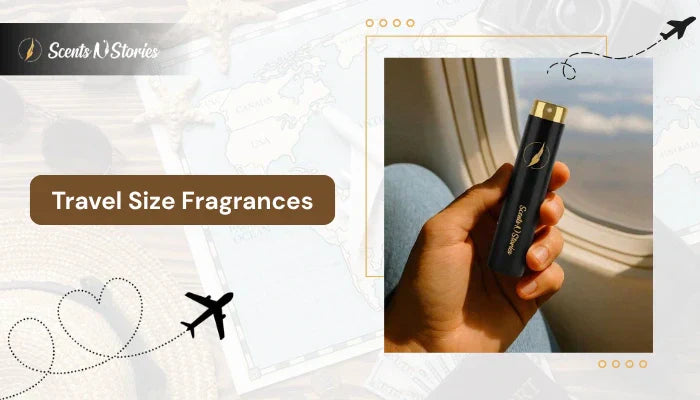 A professional banner for Travel Size Fragrances by Scents N Stories, featuring a sleek black travel perfume atomizer held against an airplane window with a world map background.