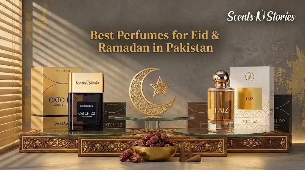 Promotional banner for best perfumes for Eid in Pakistan by Scents N Stories, featuring Catch 22 Gold Edition and Faiz perfume bottles arranged with dates and a crescent moon decorative ornament.