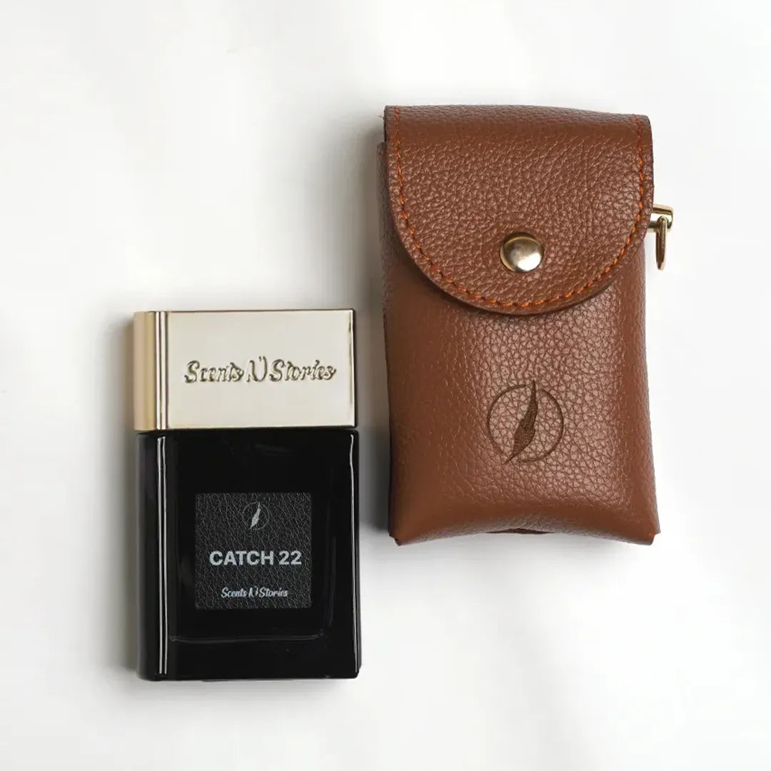 Scents N Stories leather traveling pouch gift box for perfume storage.
